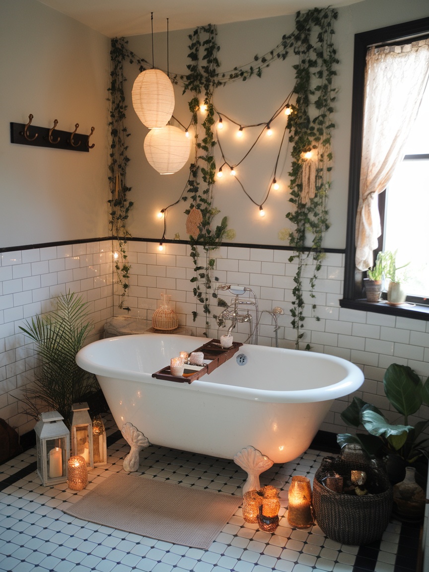 A beautifully decorated boho bathroom featuring hanging lanterns, string lights, and candles around a freestanding bathtub.