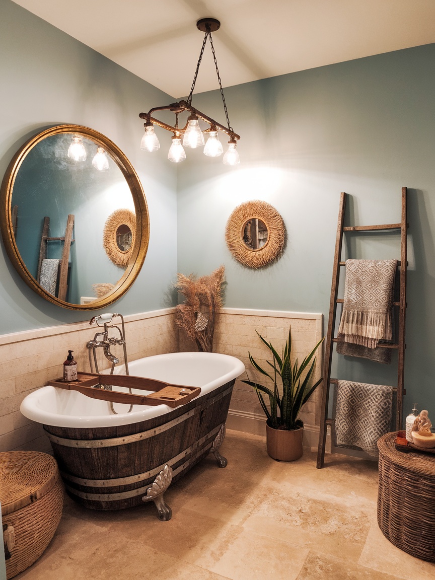 A boho bathroom featuring eclectic accessories like a vintage mirror and woven baskets.